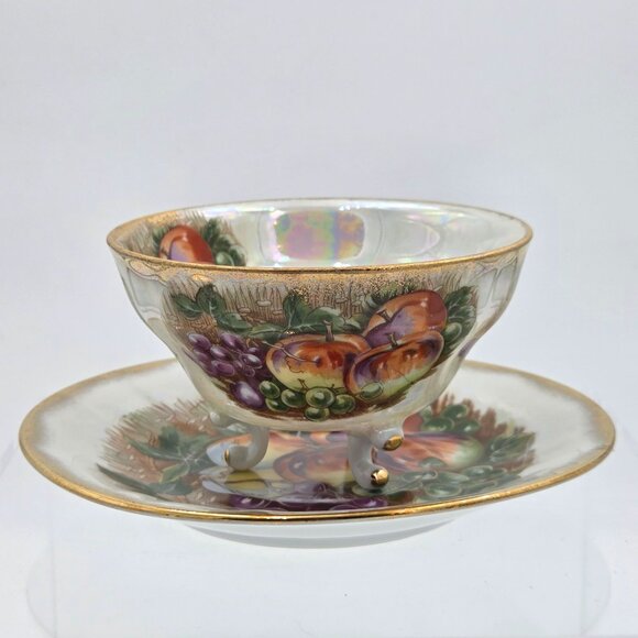 Royal Sealy Japan Lusterware Teacup Saucer Grapes Apples Gold Trim - Picture 5 of 10